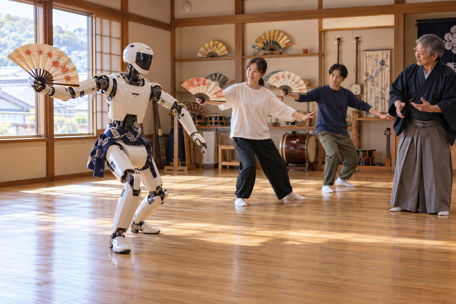 人型ロボットの実演から神楽の動きを習う人(仮想の未来)
