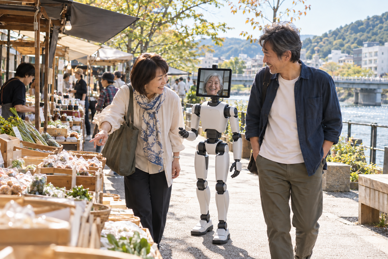 分身ロボットを通じて友人と市場へ出かける人(仮想の未来)