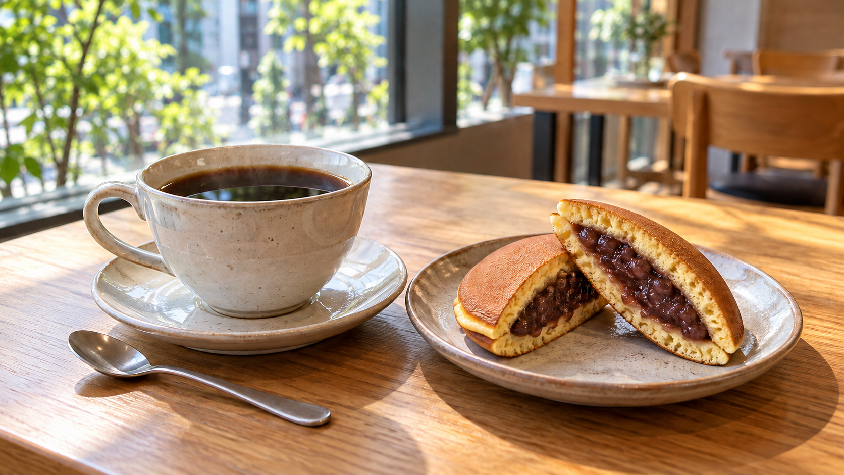 明るい喫茶店のテーブルに並ぶ黒豆コーヒーと、あんこが見えるどら焼き