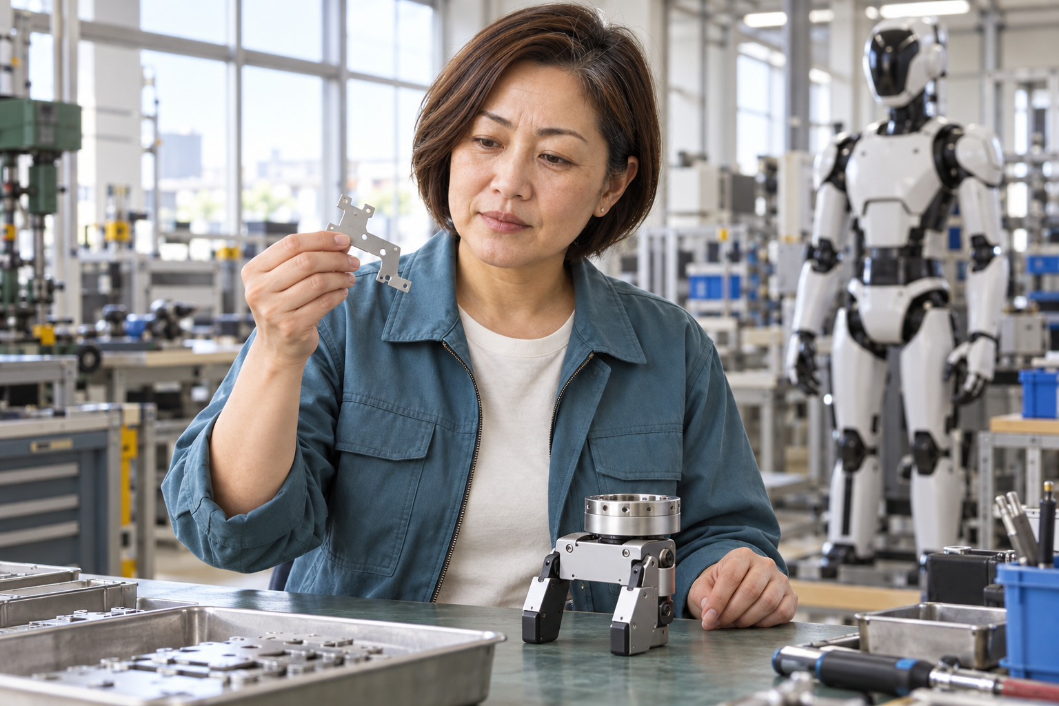 旧型の機体の手先と新しい部品を見比べる森田恵子