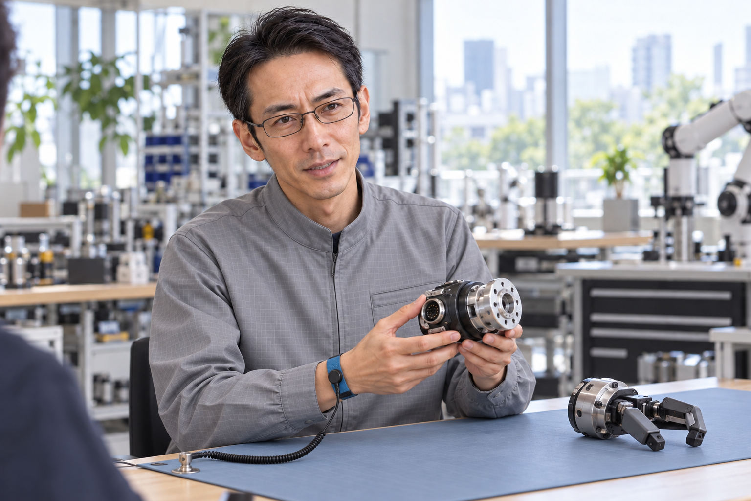 試験室で機体の部品を確かめる井上拓也