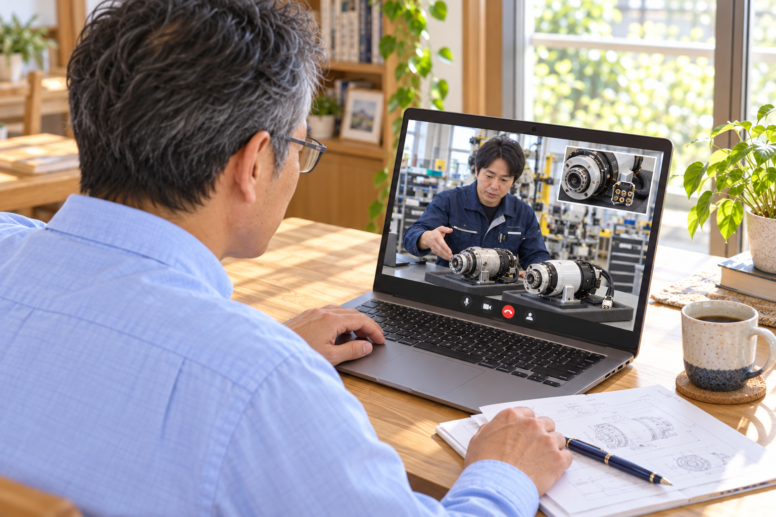 自宅から機体の更新相談をする修司